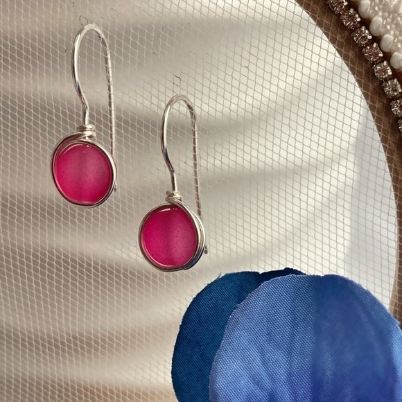 PINK & Silver Wire Wrapped Minimalist Earrings - Picture 6 of 15